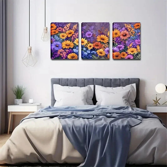3pcs Colorful Daisy & Sunflower Garden Scene Wall Art Set Canvas Framed 40x60cm - High Quality Print 100% Australian Made Wall Canvas Ready to Hang