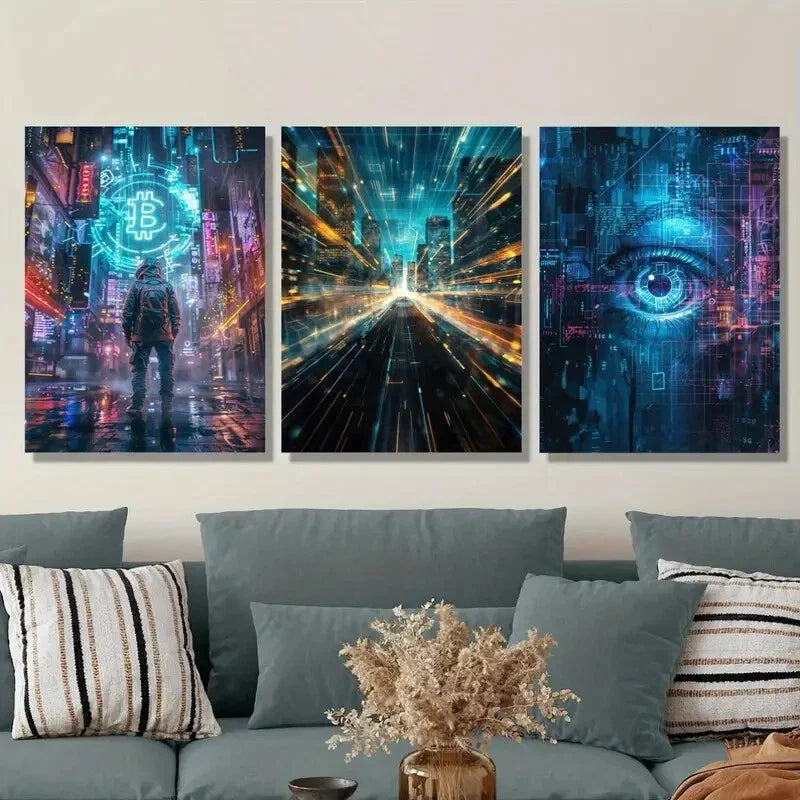 3pcs Depicting a Cyberpunk Futuristic Cityscape, Metal Print Ready to Hang Art