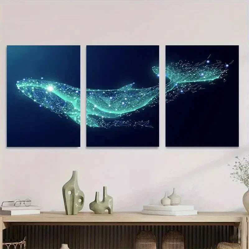 3pcs Glowing Whale with Sparkling Stars & Cosmic Metal Print Ready to Hang Art