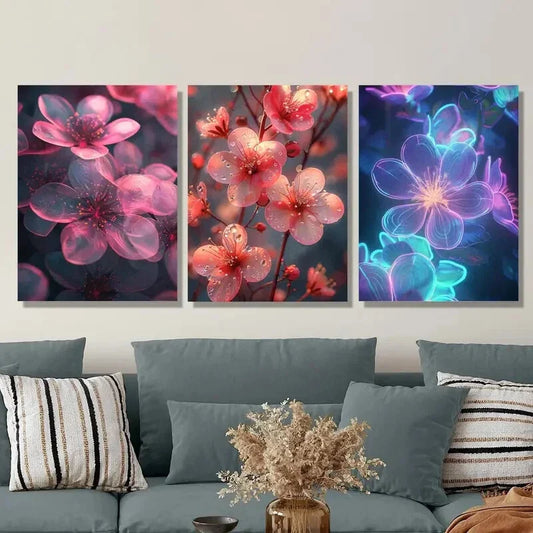 3pcs Pink & Purple Flowers on Dark Background Metal Print Ready to Hang Art