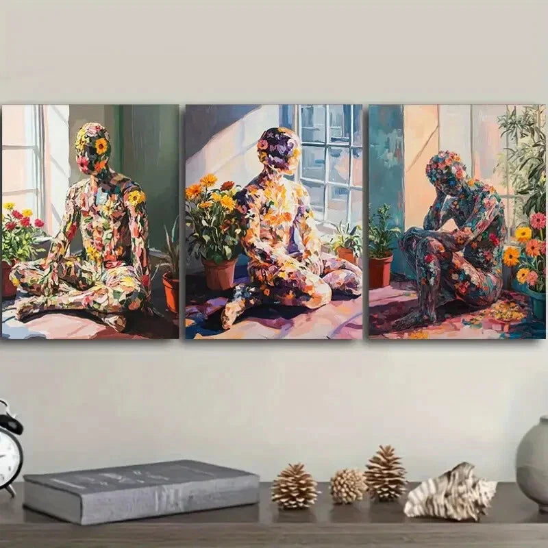 3pcs Abstract Design with Sunflowers & Floral Wall Art Set Canvas Framed 40x60cm - High Quality Print 100% Australian Made Wall Canvas Ready to Hang