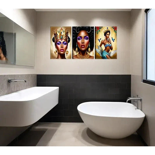 3pcs Portrait Fashion crown Golden Black Girl Metal Print Ready to Hang Art