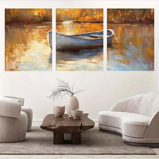 3pcs Modern Serene Lake Rustic Autumn Boat Wall Art Set Canvas Framed 40x60cm - High Quality Print 100% Australian Made Wall Canvas Ready to Hang