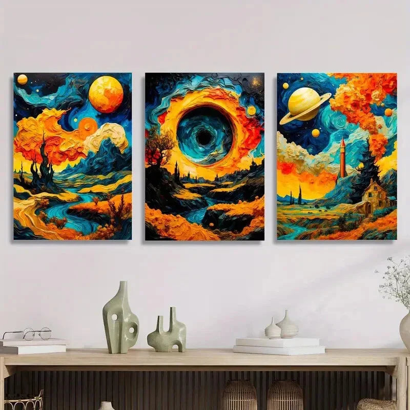 3pcs Vibrant Mountain Lake Sunset, Cosmic Sky, Art Metal Print Ready to Hang Art