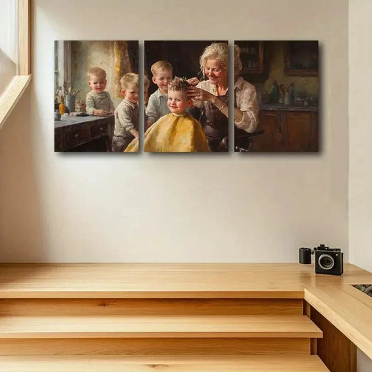 3pcs Warm Family Haircut Scene with Golden Hair Metal Print Ready to Hang Art