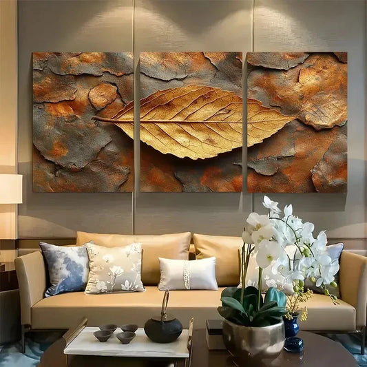 3pcs Golden Dried Tree Leaf Close Up Design Metal Print Ready to Hang Art