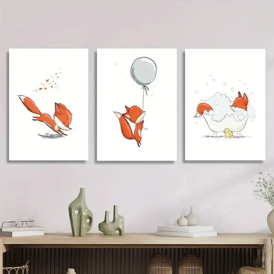 3pcs cute cartoon little orange fox, f Metal Print Ready to Hang Art