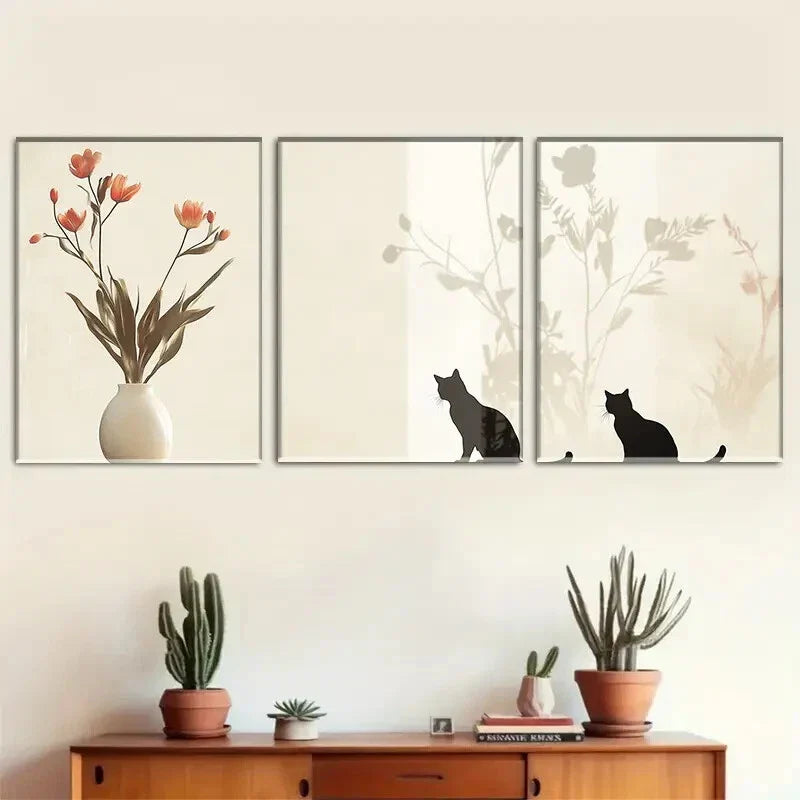 3pcs Three - Panel Cat And Flower Canvas Art Metal Print Ready to Hang Art