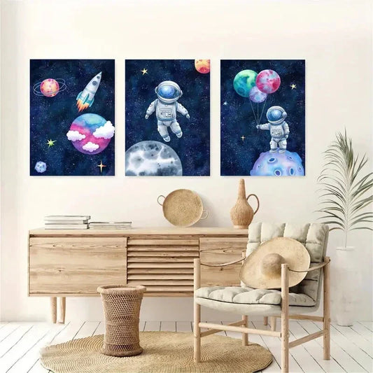 3pcs Space Astronaut with Rocket Design Metal Print Ready to Hang Art