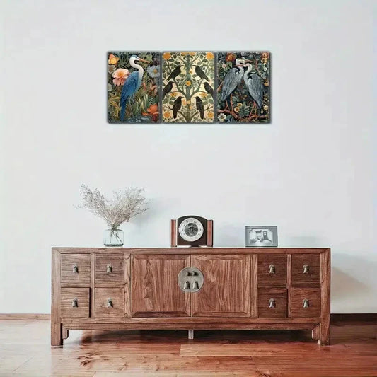 3pcs Blue Heron Crow on Blossoming Tree Metal Print Ready to Hang Art