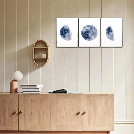 3pcs Blue Planet Space Art Moon Minimalist Metal Print Ready to Hang Art