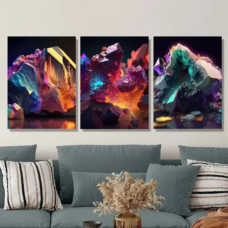 3pcs Gorgeous Crystal Stones, Mineral Lovers Metal Print Ready to Hang Art
