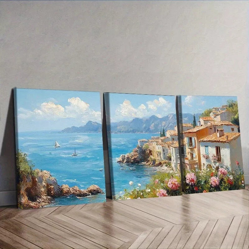 3pcs Coastal Village Nature Wall Art Set Canvas Framed 40x60cm - High Quality Print 100% Australian Made Wall Canvas Ready to Hang