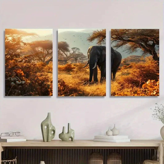 3pcs Elephant Forest Vibrant Jungle Scene Metal Print Ready to Hang Art