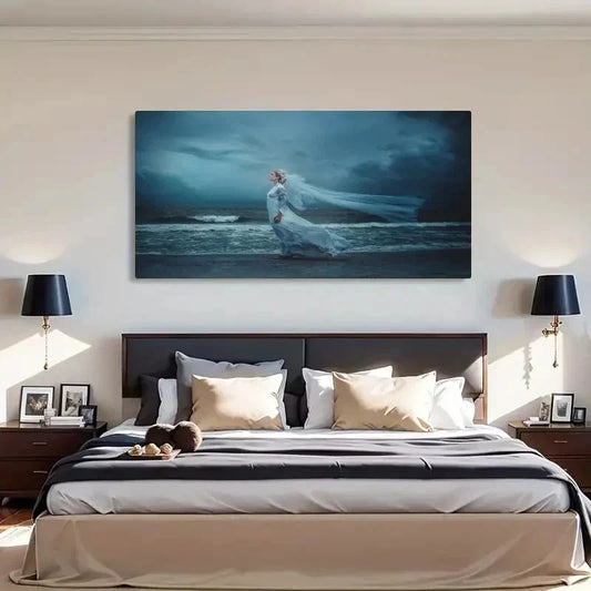 Seaside Woman In White Dress Wall Art Canvas Office Home Room Framed 120x60cm