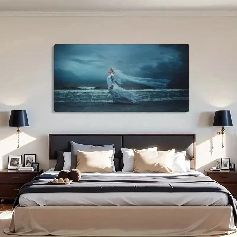 Seaside Woman In White Dress Wall Art Canvas Office Home Room Framed 120x60cm