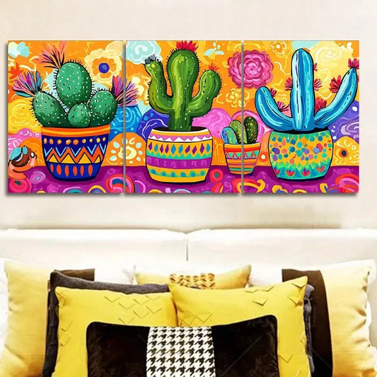 3pcs Cactus in colorful flower POTS Wall Art Set Canvas Framed 40x60cm - High Quality Print 100% Australian Made Wall Canvas Ready to Hang