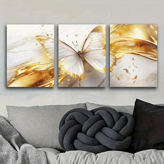 3pcs Ethereal Golden Butterfly Art Metal Print Ready to Hang Art