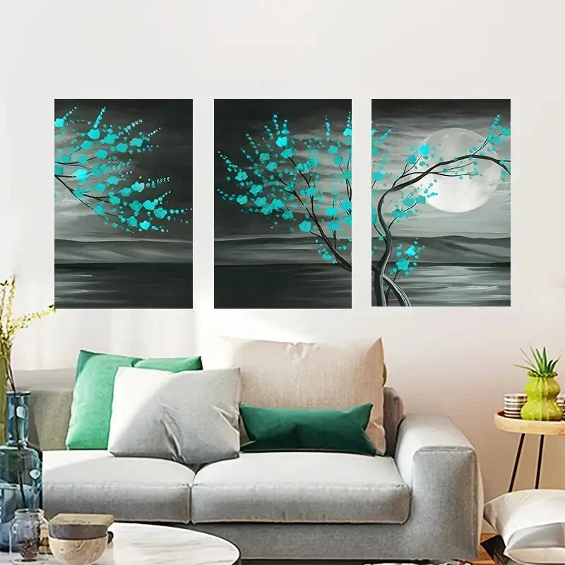 3pcs Night Moon Trees Watercolor Metal Print Ready to Hang Art