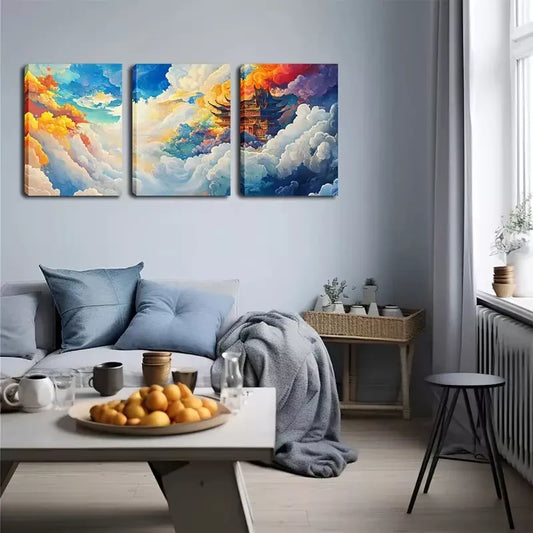 3pcs Vibrant Cloudscape with Traditional Asian Wall Art Set Canvas Framed 40x60cm - High Quality Print 100% Australian Made Wall Canvas Ready to Hang