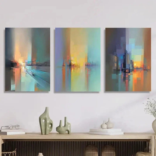 3pcs Colorful city abstract oil painting Metal Print Ready to Hang Art