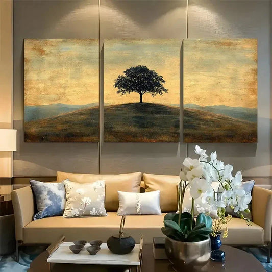 3pcs Rustic Sepia-Toned Tree Hillside Metal Print Ready to Hang Art