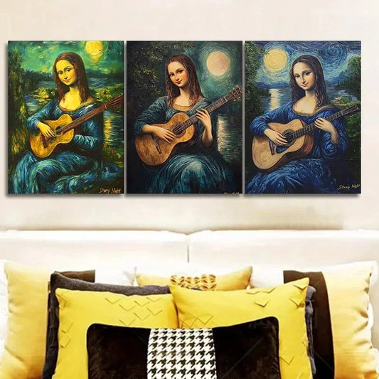 3pcs Mona Lisa Guitar Trio Wall Art Set Canvas Framed 40x60cm - High Quality Print 100% Australian Made Wall Canvas Ready to Hang