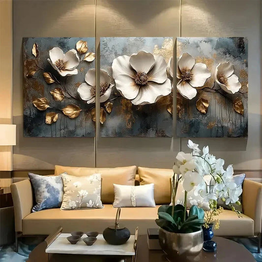 3pcs Modern Golden and White Flower Metal Print Ready to Hang Art