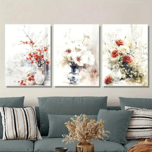 3pcs plant and flower illustration in vase, Metal Print Ready to Hang Art