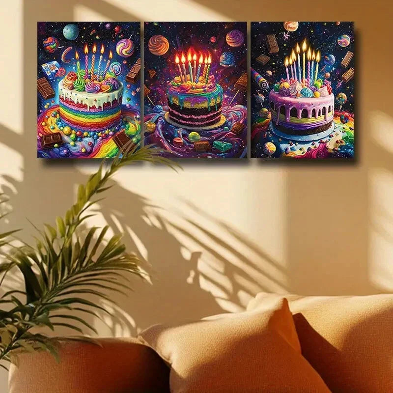 3pcs Colorful Birthday Cake with Candles Design Metal Print Ready to Hang Art