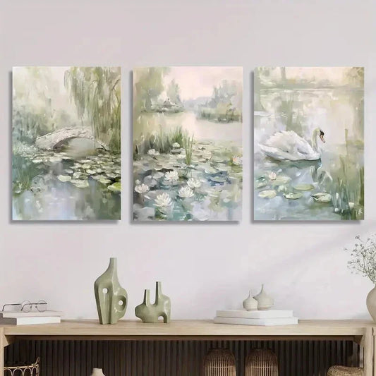 3pcs Pond with Water Lilies, White Swans, Metal Print Ready to Hang Art