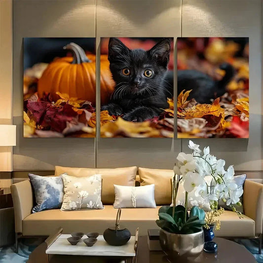 3pcs Cute Black Kitten on Pumpkin Jack o" Lantern Metal Print Ready to Hang Art