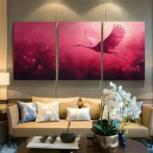3pcs Crane Flight in pink abstract hues Metal Print Ready to Hang Art