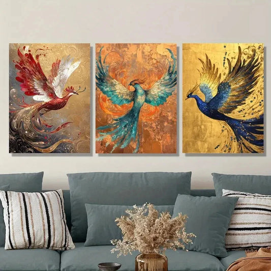 3pcs red, white and gold phoenix, Metal Print Ready to Hang Art