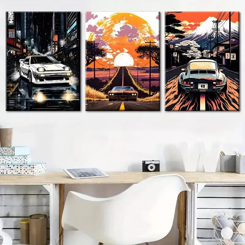 3pcs Cartoon Cars, Mountain Scenery, and City Wall Art Set Canvas Framed 40x60cm - High Quality Print 100% Australian Made Wall Canvas Ready to Hang