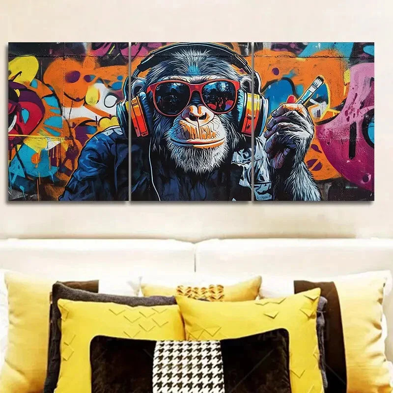 3pcs Vibrant Deco Monkey with Headphones Metal Print Ready to Hang Art