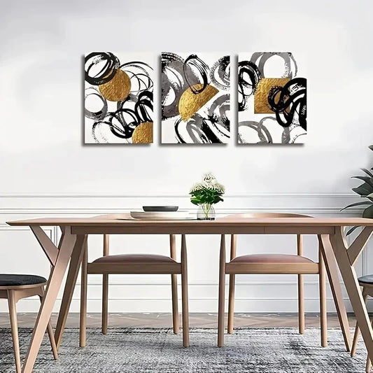 3pcs Modern Abstract Golden Black and White Metal Print Ready to Hang Art