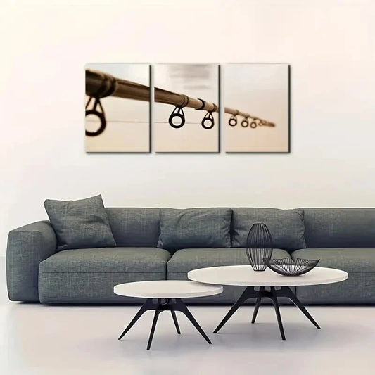 3pcs Close Up View of Brown Fishing Rod Metal Print Ready to Hang Art
