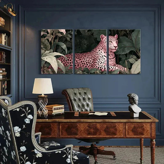 3pcs Pink Leopard Jungle Scene Exotic Wildlife Metal Print Ready to Hang Art