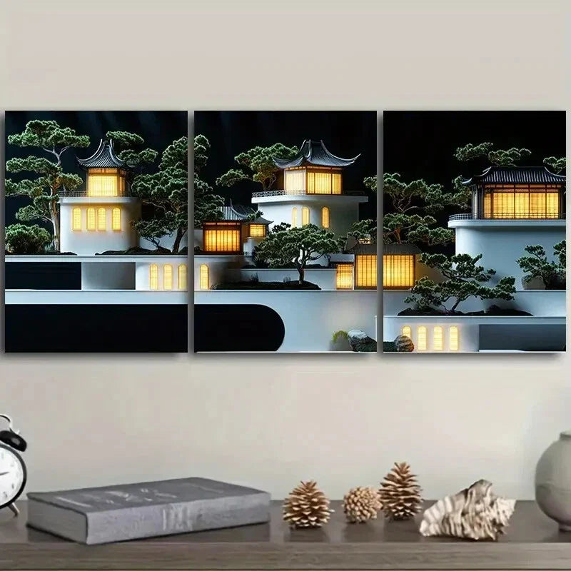 3pcs Ancient architecture Art Painting Metal Print Ready to Hang Art
