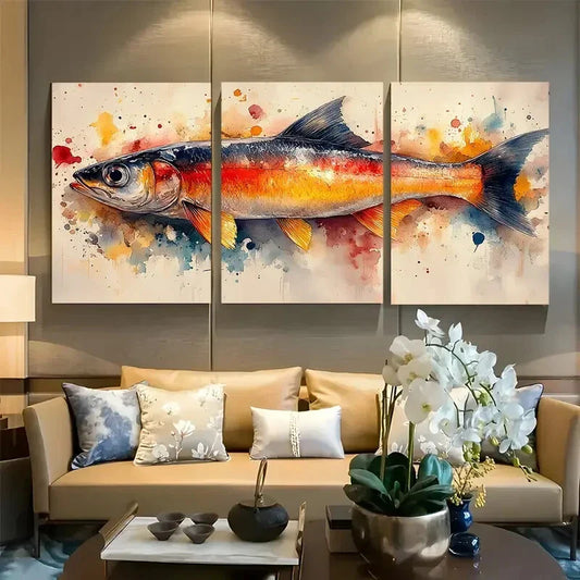 3pcs Vibrant Watercolor Sardine Design Metal Print Ready to Hang Art