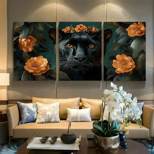 3pcs Elegant Black Panther with Floral Crown Metal Print Ready to Hang Art