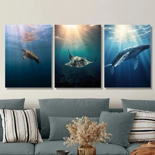 3pcs Blue Deep Sea Animals Modern Wall Art Metal Print Ready to Hang Art