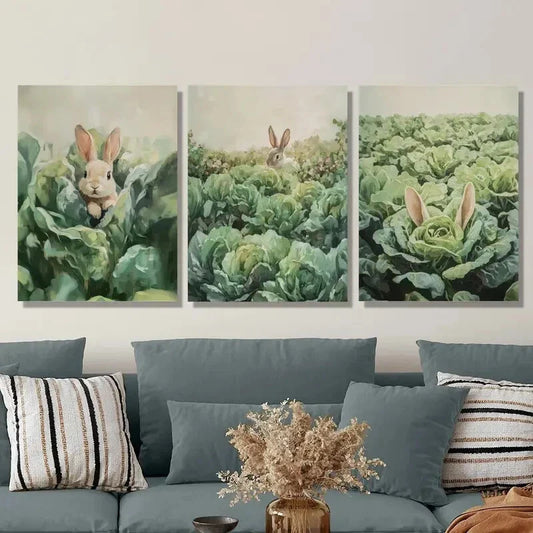 3pcs Rabbits in the vegetable garden, lovely Metal Print Ready to Hang Art