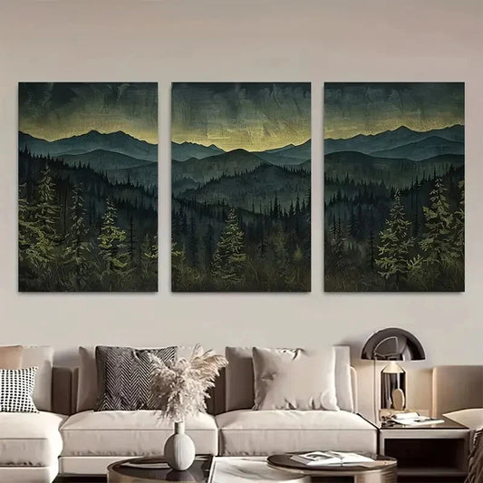 3pcs Dark Forest Mountain Range Triptych Metal Print Ready to Hang Art