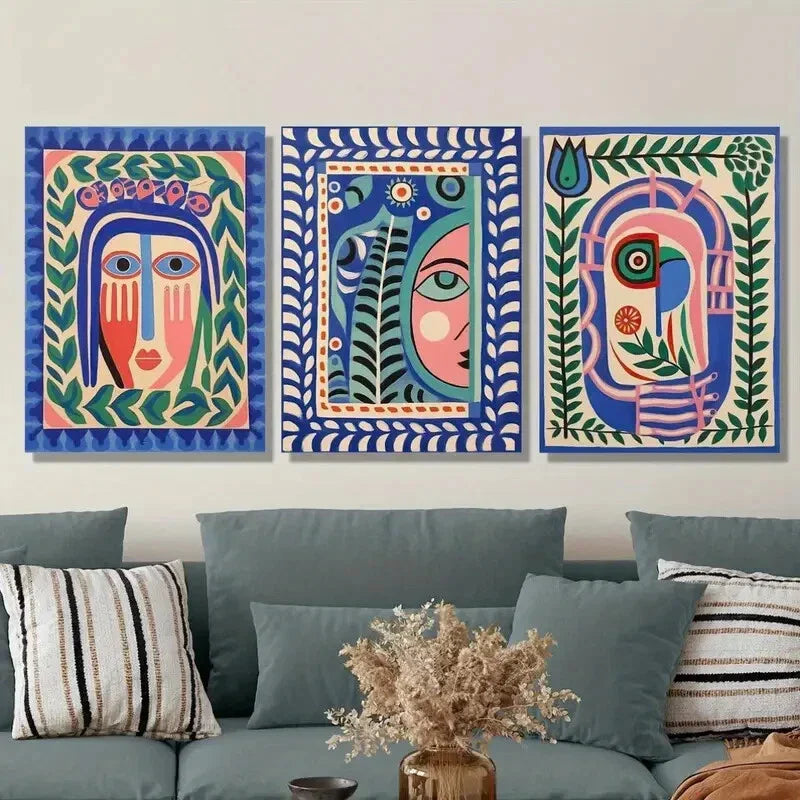 3pcs Art Deco Folk Abstract Face Wall Art Set Canvas Framed 40x60cm - High Quality Print 100% Australian Made Wall Canvas Ready to Hang