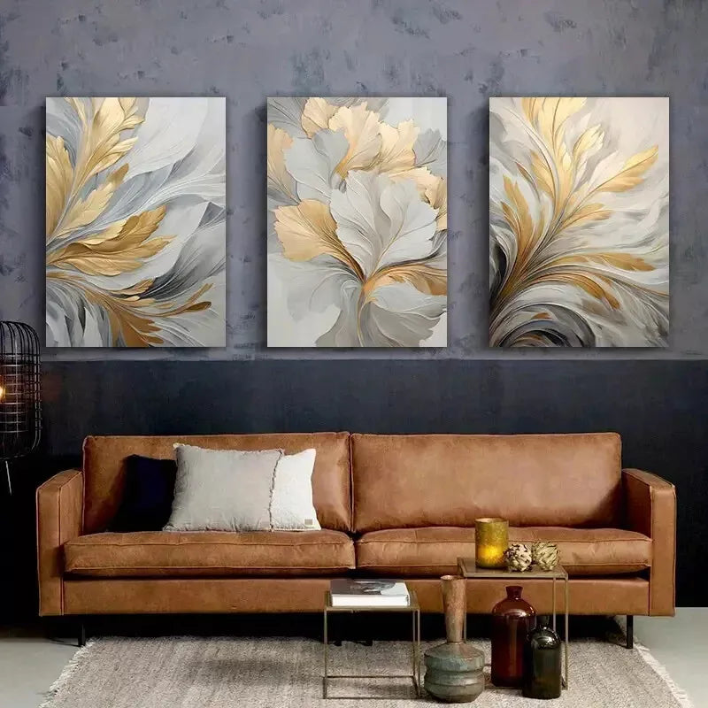 3pcs Golden and White leaf Abstract Canvas Framed 40x60cm - High Quality Print 100% Australian Made Wall Canvas Ready to Hang