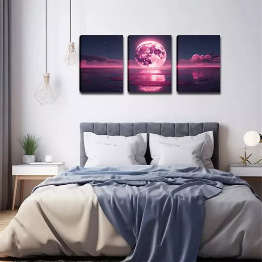 3pcs Red Moon on the Sea Wall Art Set Canvas Framed 40x60cm - High Quality Print 100% Australian Made Wall Canvas Ready to Hang