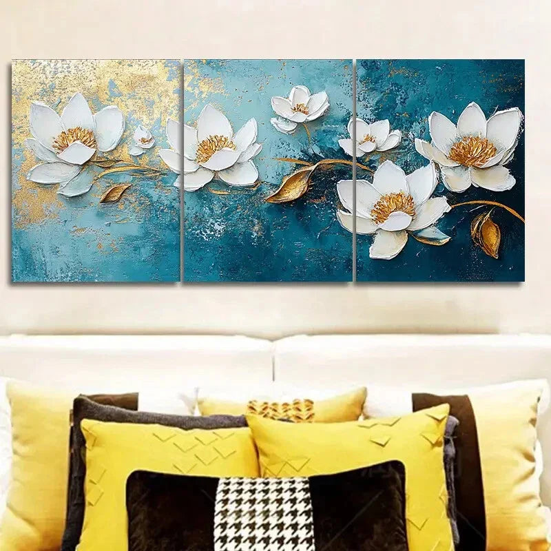 3pcs White Flowers on Blue Background Metal Print Ready to Hang Art