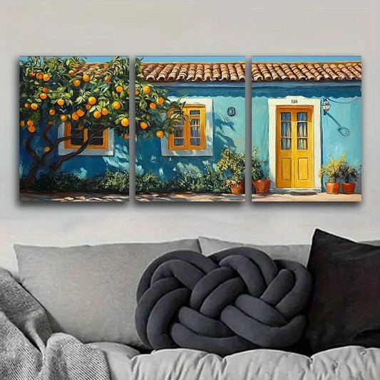 3pcs Orange Tree In Front Of A Blue House Wall Art Set Canvas Framed 40x60cm - High Quality Print 100% Australian Made Wall Canvas Ready to Hang